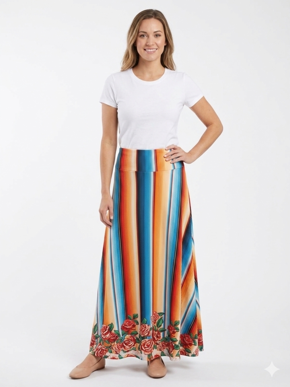 Striped Floral Border Maxi Skirt - Multicolour Up To Size 2XL